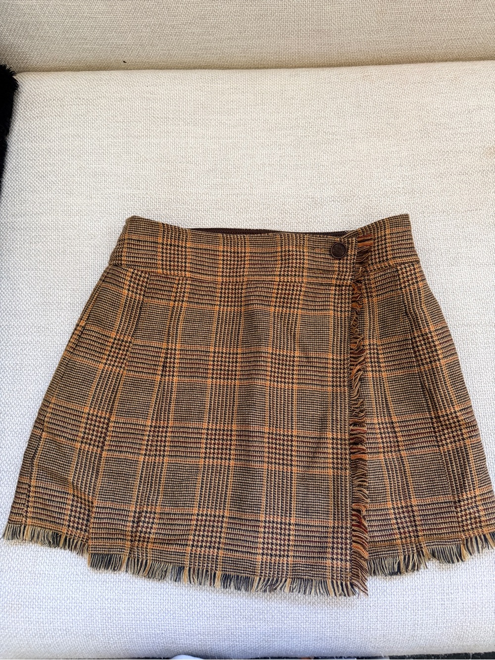 J. Crew Mini Skirt in Brown Plaid with Fringe Hem